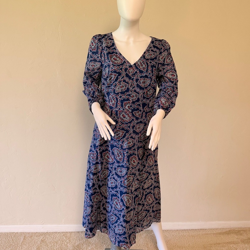 Talbots Women's Navy Blue Red Paisley V-Neck Midi Dress 100% Cotton Size 10